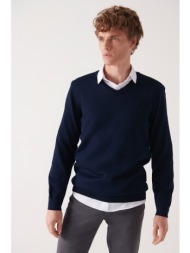 avva men`s navy blue v neck wool blended standard fit normal cut knitwear sweater