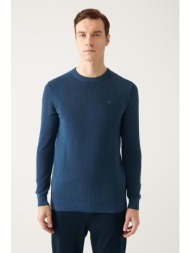 avva men`s indigo crew neck jacquard slim fit narrow cut knitwear sweater