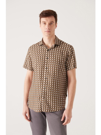 avva men`s khaki geometric patterned viscose shirt σε προσφορά