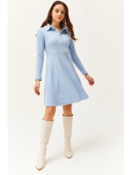 olalook women`s baby blue polo collar buttoned mini flared dress