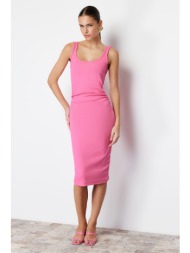 trendyol pink pool collar backless gathered bodycone/body hugging flexible knitted midi dress