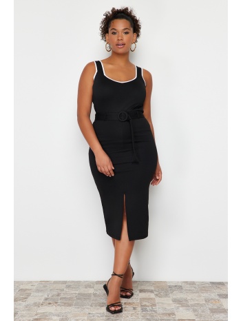 trendyol curve black slit detailed belted midi knitted skirt σε προσφορά
