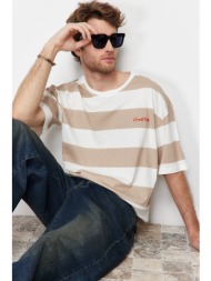 trendyol brown men`s oversize text embroidered striped 100% cotton t-shirt