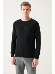 avva men`s black crew neck jacquard slim fit narrow cut knitwear sweater