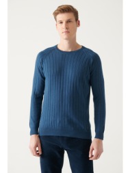 avva men`s indigo crew neck jacquard slim fit slim fit knitwear sweater