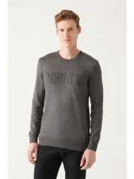 avva men`s gray crew neck text motto cotton standard fit normal cut knitwear sweater