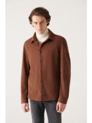 avva men`s brown faux suede snap-on comfort fit relaxed cut shirt