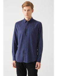 avva navy blue button collar comfort fit tencel shirt