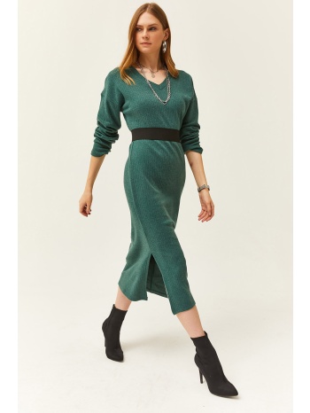 olalook women`s green v case side slit thick ribbed dress σε προσφορά