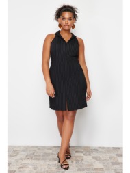 trendyol curve black polo collar striped mini knitted dress