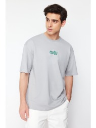 trendyol gray men`s oversize/wide cut crew neck flower printed 100% cotton t-shirt