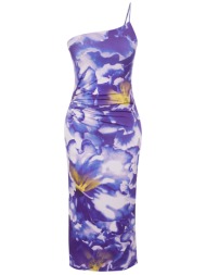 trendyol limited edition purple printed fitted midi one-shoulder elastic knit dress