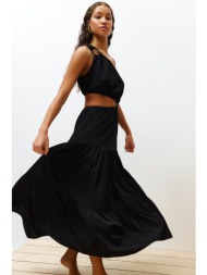 trendyol black maxi woven cut out/window one shoulder beach dress