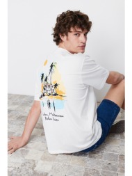 trendyol ecru men`s relaxed/comfortable cut landscape printed 100% cotton short sleeve t-shirt