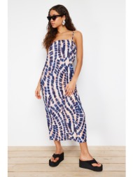 trendyol blue abstract printed fitted/fitted square neck strap knitted maxi dress