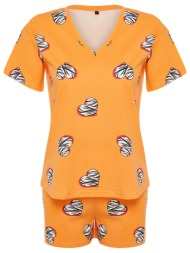 trendyol orange 100% cotton heart knitted pajamas set
