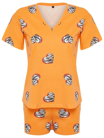 trendyol orange 100% cotton heart knitted pajamas set σε προσφορά