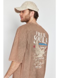 trendyol brown men`s oversize/wide cut pale effect eagle printed 100% cotton t-shirt