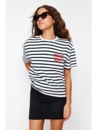 trendyol black-white striped slogan embroidery detailed relaxed/comfortable fit knitted t-shirt