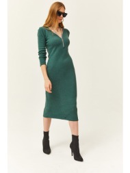 olalook women`s green v-neck zippered thick ribbed midi dress