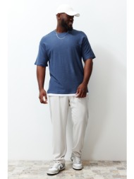trendyol plus size indigo men`s relaxed/comfortable cut 100% cotton textured t-shirt