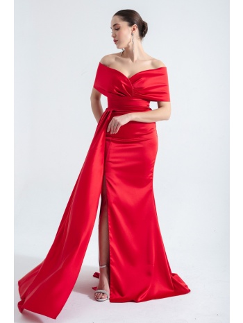lafaba women`s red boat neck slit long evening dress σε προσφορά