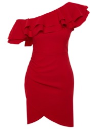 trendyol red single sleeve ruffled elegant evening dress