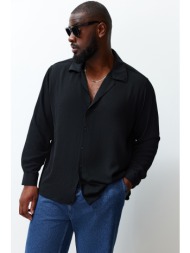 trendyol men`s black regular fit fit wide collar summer linen look plus size shirt