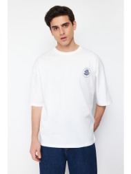 trendyol ecru men`s oversize embroidered 100% cotton t-shirt