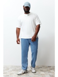 trendyol plus size men`s ecru relaxed/comfortable cut 100% cotton label comfortable t-shirt