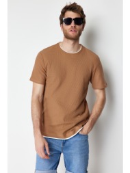 trendyol brown men`s regular/normal cut 100% cotton textured basic t-shirt