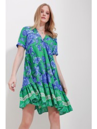 trend alaçatı stili women`s green v-neck skirt flounce viscose dress