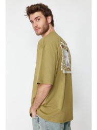 trendyol khaki men`s oversize skateboard printed 100% cotton t-shirt