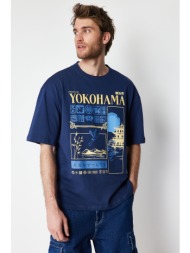 trendyol navy blue men`s oversize far east printed 100% cotton t-shirt