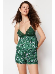 trendyol green satin floral lace detailed undershirt-shorts woven pajamas set