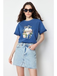 trendyol indigo 100% cotton printed and faded effect boyfriend knitted t-shirt