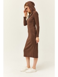 olalook women`s brown zipper hooded pocket thick ribbed midi dress