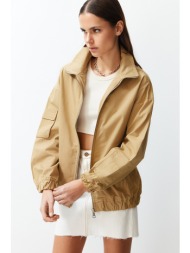trendyol khaki elastic waist bomber denim jacket