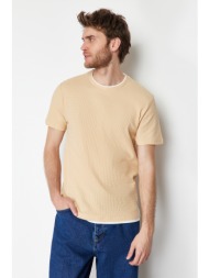 trendyol beige men`s regular/normal cut 100% cotton textured basic t-shirt