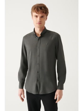 avva anthracite button collar comfort fit tencel shirt σε προσφορά