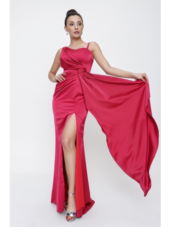 by saygı lined satin evening dress with flounce detail on σε προσφορά