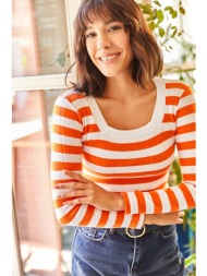 olalook women`s orange u neck striped lycra blouse