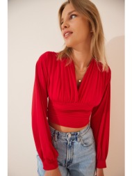happiness i̇stanbul women`s red deep v neck crop sandy knitted