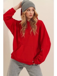 trend alaçatı stili women`s red hooded kangaroo pocket 3 thread thick sweatshirt