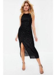 trendyol black fitted knitted shiny sequined elegant evening dress