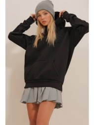 trend alaçatı stili women`s black 3 thread inner raising kangaroo pocket oversize sweatshirt