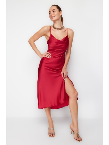 trendyol red lined woven satin evening dress σε προσφορά