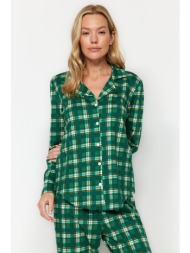 trendyol green 100% cotton check shirt-pants knitted pajamas set