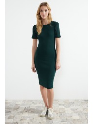 trendyol emerald green fitted short sleeve ribbed stretch knitted midi dress