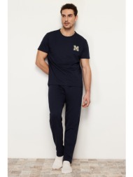 trendyol men`s navy blue short sleeve printed regular fit pajamas set